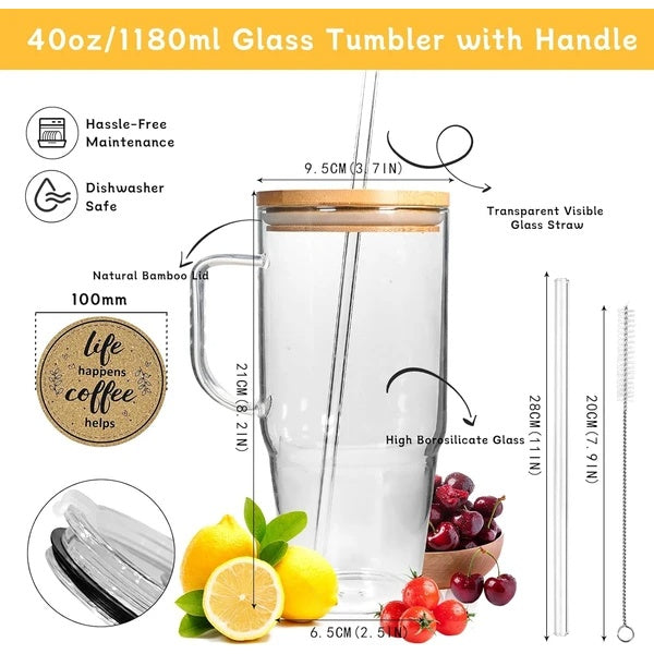 Glass Cups With Lids And Straws - 40 Oz Tumbler With Handle And Straw Glass Water Bottles Drinking Glasses Glass Straws Iced Coffee Cups Travel Coffee Mug Smoothie Cup Glass Tumbler